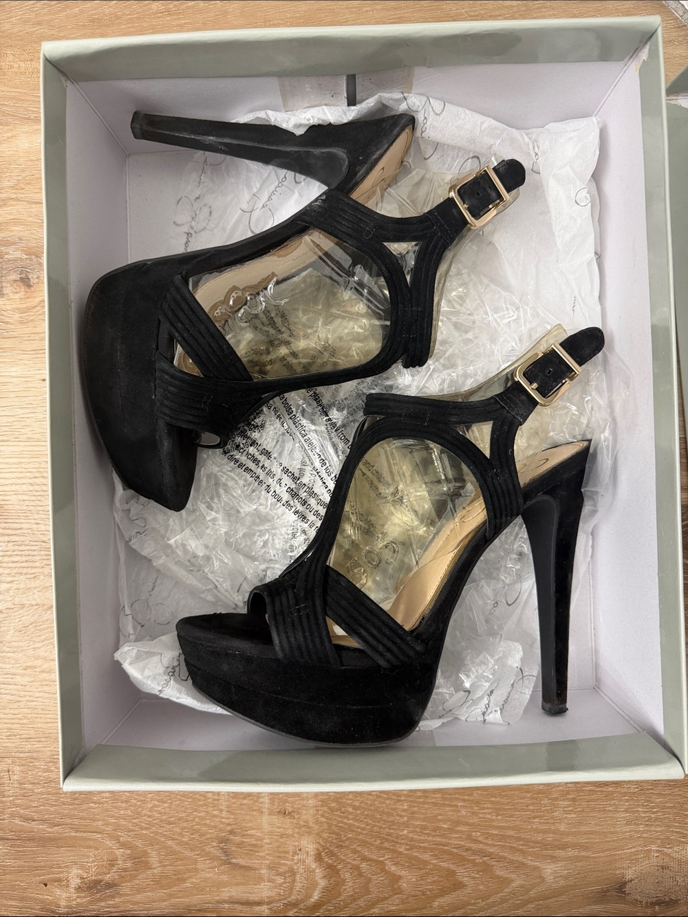 Jessica Simpson Black Suede Platform Strappy High Heels with Gold Buckles